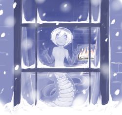 Rule 34 | 1girl, against window, fire, fireplace, flat chest, from outside, idon, lamia, mini person, minigirl, monochrome, monster girl, nude, original, pointy ears, purple theme, short hair, smile, snow, snowing, solo, white hair