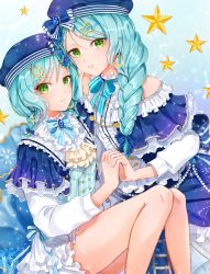 Rule 34 | 10s, 2girls, alternate hairstyle, aqua hair, aquarius (constellation), aries (constellation), ascot, back bow, bang dream!, beret, blue bow, blue hat, blue ribbon, bow, braid, brooch, buttons, cancer (constellation), capricorn (constellation), center frills, constellation hair ornament, constellation print, double-breasted, dress, earrings, ferrel (rocher 71), frilled dress, frilled shirt, frilled sleeves, frills, gemini (constellation), green eyes, hair bow, hair over shoulder, hat, hat bow, highres, hikawa hina, hikawa sayo, holding hands, incest, jewelry, korean text, layered sleeves, leo (constellation), libra (constellation), light frown, long sleeves, looking at viewer, multiple girls, neck ribbon, parted lips, pisces (constellation), ribbon, sagittarius (constellation), shirt, short over long sleeves, short sleeves, siblings, side braids, single braid, sisters, sitting, star (symbol), striped bow, striped ribbon, twins, virgo (constellation), yellow neckwear, yuri