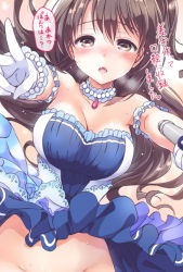 Rule 34 | 10s, 1girl, akina tsukako, bare shoulders, blush, breasts, brown eyes, brown hair, choker, cleavage, dress, female focus, gloves, groin, idolmaster, idolmaster cinderella girls, idolmaster cinderella girls starlight stage, large breasts, long hair, looking at viewer, microphone, no panties, open mouth, out-of-frame censoring, shimamura uzuki, side ponytail, solo, sweat, text focus, translation request