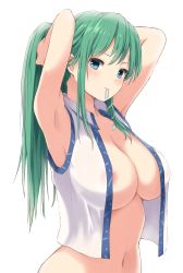 Rule 34 | 1girl, absurdres, areola slip, armpits, arms up, bare arms, bare shoulders, blue eyes, blush, breasts, commentary request, covered erect nipples, green hair, hair ornament, hair tie, hair tie in mouth, highres, kochiya sanae, large breasts, long hair, looking at viewer, mouth hold, navel, no bra, open clothes, open shirt, shirt, sidelocks, simple background, smile, snake hair ornament, solo, standing, stomach, techi (techi35499), touhou, tying hair, upper body, white background, white shirt