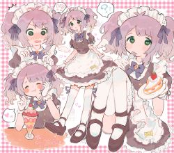 Rule 34 | 1girl, :o, :t, ?, @ @, apron, blush, blush stickers, bow, bowtie, buttons, cake, cherry, commission, detached wings, dress, eating, closed eyes, female focus, food, fork, freckles, frilled dress, frills, fruit, full-face blush, gloves, green eyes, happy, heart, highres, indie virtual youtuber, maid, maid apron, maid headdress, mini wings, mooosikasite, open mouth, parfait, puffy short sleeves, puffy sleeves, purple hair, short sleeves, sitting, solo, spoken heart, spoken question mark, strawberry, tareme, thighhighs, twintails, virtual youtuber, white gloves, white thighhighs, wings