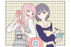 2girls antique_phone bang_dream! bang_dream!_it&#039;s_mygo!!!!! belt blue_hoodie border brown_eyes brown_hoodie chihaya_anon collarbone collared_shirt commentary cowboy_shot dress dress_shirt grey_belt grey_dress grey_eyes grey_hair gumoyu heart heart_background holding holding_notebook holding_pen hood hood_down hoodie long_hair long_sleeves multiple_girls notebook open_mouth outside_border pen phone pinafore_dress pink_hair plaid_belt plaid_clothes plaid_dress rotary_phone shirt short_hair sleeveless sleeveless_dress sleeves_past_elbows takamatsu_tomori teeth two-tone_hoodie upper_teeth_only white_border white_shirt