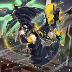 Rule 34 | ahoge, bare shoulders, black hair, elbow gloves, forehead protector, gloves, green eyes, haori, headphones, jacket, japanese clothes, long sleeves, non-web source, open clothes, open jacket, s-force rappa chiyomaru, sleeveless, sleeveless turtleneck, thighhighs, turtleneck, yu-gi-oh!