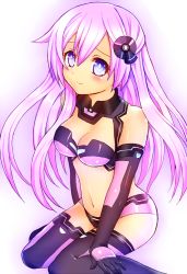 Rule 34 | 10s, 1girl, blue eyes, blush, breasts, cleavage, long hair, looking at viewer, medium breasts, nepgear, neptune (series), purple hair, purple sister, simple background, smile, solo, thighhighs, white background
