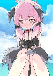 Rule 34 | 1girl, bikini, black bikini, black wings, blue archive, blush, bow, embarrassed, feathered wings, floral print, front-tie bikini top, front-tie top, grey wings, hair bow, halo, head wings, highres, kamiyoshi rika, knees up, koharu (blue archive), koharu (swimsuit) (blue archive), looking to the side, low twintails, low wings, official alternate costume, pink eyes, pink hair, pink halo, print bikini, sitting, swimsuit, twintails, wings