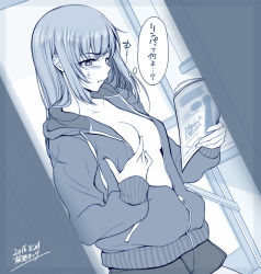 Rule 34 | 10s, 1girl, 2016, artist name, blush, book, breasts, closed mouth, collarbone, dated, dutch angle, eyebrows, highres, holding, holding book, hood, hoodie, long hair, long sleeves, medium breasts, monochrome, open book, open clothes, open hoodie, original, profile, grabbing own breast, solo, sweatdrop, thought bubble, translated, warabino matsuri, wavy mouth, zipper