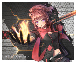 Rule 34 | absurdres, bag, black gloves, black shirt, blossom, bow, breasts, brown hair, cleavage, female focus, fire, fire, gloves, glowing, hair bow, hanabi ichijo, highres, holding, holding flame, holding staff, holding weapon, ponytail, red scarf, scarf, scarlet nexus, shirt, staff, weapon, zipper
