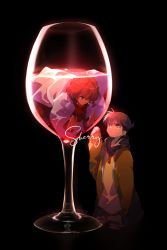 Rule 34 | 1boy, 1girl, age regression, aged down, air bubble, alcohol, black background, black hair, bubble, child, cup, drinking glass, echo (circa), edogawa conan, eye contact, full body, glass, haibara ai, hand up, hood, hood down, hoodie, in container, in cup, jacket, kudou shin&#039;ichi, lab coat, long sleeves, looking at another, looking away, looking down, looking up, meitantei conan, miyano shiho, oversized object, red hair, short hair, simple background, sleeves past fingers, sleeves past wrists, standing, submerged, wine, wine glass