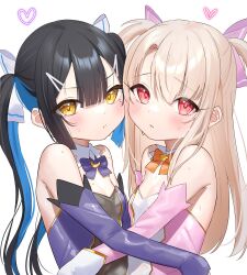 Rule 34 | 2girls, :t, bare shoulders, black hair, blue hair, blush, bow, breasts, closed mouth, commentary request, crescent, detached sleeves, dress, fate/kaleid liner prisma illya, fate (series), gloves, hair between eyes, hair bow, hair ornament, hairclip, heart, highres, illyasviel von einzbern, light brown hair, long sleeves, looking at viewer, miyu edelfelt, mole, mole under eye, multicolored hair, multiple girls, orange background, parted lips, pink dress, pink sleeves, pout, prisma illya, purple bow, purple dress, purple sleeves, red eyes, simple background, small breasts, star (symbol), sweat, tsukiman, two-tone hair, two side up, upper body, white background, white bow, white gloves, yellow eyes