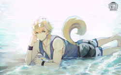 Rule 34 | 1boy, animal ears, arknights, beach, blonde hair, blue eyes, blue shirt, dog boy, dog ears, dog tags, dog tail, eyewear on head, full body, highres, looking at viewer, male focus, muscular, muscular male, shirt, smile, sunglasses, swimsuit, tail, tequila (arknights), wet, wet clothes, xuerenxiansheng