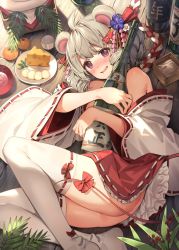 Rule 34 | 1girl, alcohol, animal ears, bare shoulders, bottle, cheese, food, from above, looking at viewer, lying, mouse ears, mouse girl, mouse tail, no panties, no shoes, parsley-f, red eyes, sake, sake bottle, solo, tail, thighhighs, white thighhighs