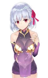 Rule 34 | 1girl, bad id, bad pixiv id, bare shoulders, blush, breasts, closed mouth, collarbone, covered navel, detached sleeves, dress, earrings, fate/grand order, fate (series), hair ribbon, hand on own chest, jewelry, kama (fate), kama (first ascension) (fate), looking at viewer, pink ribbon, purple dress, purple sleeves, qian yuan, red eyes, ribbon, ring, short hair, silver hair, simple background, small breasts, solo, white background