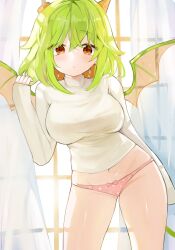 Rule 34 | 1girl, absurdres, bow, bow panties, breasts, closed mouth, commentary request, commission, contrapposto, curtains, dragon girl, dragon wings, funamusea, green hair, haiiro teien, highres, horns, indoors, korean commentary, large breasts, long hair, long sleeves, looking at viewer, medium hair, navel, no eyewear, no pants, orange eyes, panties, pink panties, shirt, sleeves past wrists, solo, soradally, standing, sweater, turtleneck, turtleneck sweater, underwear, white shirt, window, wings, yosafire (funamusea)