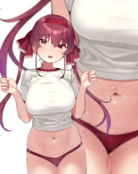 Rule 34 | 1girl, alternate costume, breasts, buruma, clenched hands, cowboy shot, gym uniform, hair between eyes, hands up, headband, heart, heart-shaped pupils, heterochromia, highres, hololive, houshou marine, large breasts, long hair, looking at viewer, multiple views, navel, navel focus, open mouth, oshiruko (oshiruco 212048), raised eyebrows, red eyes, red hair, shirt, short sleeves, skindentation, standing, stomach, stomach day, sweat, symbol-shaped pupils, t-shirt, twintails, virtual youtuber, wet, white shirt, yellow eyes