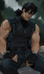 Rule 34 | 1boy, absurdres, alternate muscle size, backpack, bag, black gloves, black hair, black pants, black shirt, boku no hero academia, eraser head (boku no hero academia), facial hair, fingerless gloves, freesilverwind, gloves, goatee, hand on own thigh, highres, jewelry, looking at viewer, male focus, necklace, pants, pectorals, shirt, solo, sparse stubble, spread legs