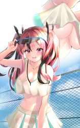Rule 34 | 1girl, :d, adjusting eyewear, azur lane, bare shoulders, black hair, blue sky, breasts, bremerton (azur lane), bremerton (scorching-hot training) (azur lane), chain-link fence, cleavage, clothes lift, cloud, collarbone, commentary request, cowboy shot, crop top, crop top overhang, day, eyewear on head, fence, green skirt, hair between eyes, hair intakes, hair ornament, heart, heart necklace, highres, jewelry, large breasts, leaning forward, lifted by self, long hair, looking at viewer, midriff, mouth hold, multicolored hair, multiple views, nagi aoi, navel, necklace, no mole, open mouth, outdoors, pink eyes, pink hair, see-through, shirt, shirt lift, sidelocks, skirt, sky, sleeveless, sleeveless shirt, smile, sports sunglasses, sportswear, standing, streaked hair, sunglasses, sunglasses on head, tennis uniform, twintails, two-tone hair, two-tone shirt, two-tone skirt, underboob, wet, wet clothes, wet shirt, wet skirt, white shirt, white skirt