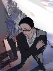 Rule 34 | almostghost, black hair, black pants, black suit, blonde hair, formal, from above, glasses, hand in pocket, hand on own chest, highres, hinrigh biganduffno, hunter x hunter, ken&#039;i wang, long hair, looking to the side, mafia, male focus, multiple boys, pants, road, shirt, short hair, signature, suit, white shirt