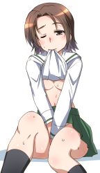 Rule 34 | 1girl, blush, breasts, brown eyes, brown hair, clothes in mouth, clothes lift, female masturbation, girls und panzer, highres, lifting own clothes, masturbation, mouth hold, navel, no bra, one eye closed, ooarai school uniform, osamada meika, sawa azusa, school uniform, shirt in mouth, shirt lift, short hair, simple background, small breasts, solo, sweat, white background