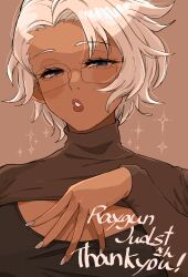 Rule 34 | 1girl, absurdres, alexkota1115, blue eyes, brown background, cleavage cutout, clothing cutout, commission, dark skin, glasses, grey nails, hand up, highres, lipstick, long sleeves, looking at viewer, makeup, original, short hair, simple background, tan, thank you, tomboy, upper body, white hair