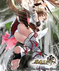 Rule 34 | 1girl, armor, ass, breasts, brown eyes, brown hair, cameltoe, copyright name, dual wielding, from below, grimgrim, hair ornament, holding, japanese clothes, katana, kimono, large breasts, long hair, looking back, panties, parted lips, sengoku asuka zero, shiny skin, solo, sweat, sword, thighhighs, underwear, very long hair, weapon