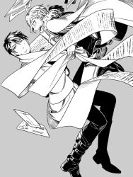 Rule 34 | 2boys, ahoge, book, book holster, boots, braid, braided bangs, bungou to alchemist, cape, closed mouth, collared shirt, crossed arms, crying, crying with eyes open, dazai osamu (bungou to alchemist), desperation, envelope, flying paper, from side, full body, fur-trimmed cape, fur trim, grey background, greyscale, hadanugi dousa, hair between eyes, holding, holding paper, holding scroll, japanese clothes, kimono, long sleeves, looking at another, looking to the side, male focus, monochrome, multiple boys, open kimono, open mouth, pants, paper, pinstripe pattern, pinstripe shirt, satou haruo (bungou to alchemist), scroll, shirt, short hair, sideways mouth, simple background, striped, sweatdrop, tears, teeth, upper teeth only, vest, wide-eyed, yueno
