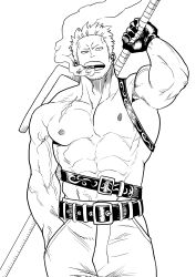 Rule 34 | 1boy, abs, bara, belt, cowboy shot, facial hair, fighting stance, greyscale, highres, large pectorals, looking at viewer, male focus, mature male, medium sideburns, monochrome, multiple belts, muscular, muscular male, nipples, one piece, over shoulder, p (pppppppppq), pectorals, ready to draw, scar, scar on face, short hair, sideburns stubble, smoke, smoker (one piece), solo, sparse stubble, stomach, stubble, topless male, tsurime, veiny crotch, weapon, weapon over shoulder