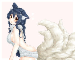Rule 34 | 1girl, :o, ahri (league of legends), animal ears, back, backless dress, backless outfit, bare back, bare shoulders, black hair, blush, breasts, cowboy shot, dress, facial mark, female focus, fox ears, fox tail, from side, furan (marina6123), grey dress, grey sweater, hair between eyes, halterneck, heart, highres, large breasts, league of legends, long hair, looking at viewer, meme attire, multiple tails, naked sweater, no bra, no panties, open mouth, patreon, ribbed sweater, sideboob, simple background, sleeveless, sleeveless turtleneck, solo, standing, sweater, sweater dress, tail, turtleneck, turtleneck sweater, very long hair, virgin killer sweater, yellow eyes