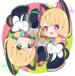 Rule 34 | 2girls, :d, animal ear headphones, animal ears, black footwear, black legwear, black skirt, blonde hair, blue archive, blue bow, blue necktie, blush, bow, cat ear headphones, cat ears, cat tail, chibi, collared shirt, commentary request, fake animal ears, flower, green background, green eyes, hair bow, halo, headphones, jacket, long hair, long sleeves, low twintails, midori (blue archive), momoi (blue archive), multiple girls, necktie, nyaru (nyaru 4126), open clothes, open jacket, open mouth, pink background, pink eyes, pink flower, pleated skirt, red bow, rotational symmetry, shirt, shoes, siblings, sisters, skirt, sleeves past wrists, smile, tail, thighhighs, twins, twintails, two-tone background, v-shaped eyebrows, white background, white jacket, white shirt, wide sleeves