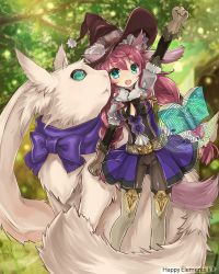 Rule 34 | 1girl, animal, animal ears, book, boots, braid, ears through headwear, gloves, green eyes, hat, kuuyasatuki, long hair, long sleeves, majoca majoluna, open mouth, original, purple hair, smile, solo, standing, thigh boots, thighhighs, twin braids, witch hat