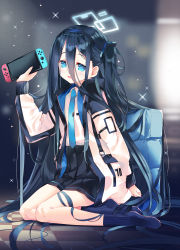 Rule 34 | 1girl, arikawa satoru, aris (blue archive), black hair, black skirt, blue archive, blue eyes, blue necktie, blurry, blurry background, collared shirt, commentary request, halo, hand up, handheld game console, high-waist skirt, highres, jacket, light blush, long hair, long sleeves, multicolored clothes, multicolored jacket, necktie, nintendo switch, on floor, parted lips, shirt, sitting, skirt, solo, very long hair, white shirt