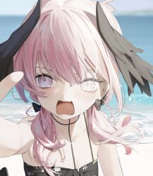 Rule 34 | 1girl, beach, bikini, black bikini, black wings, blue archive, blush, close-up, day, embarrassed, fang, feathered wings, flat chest, head wings, highres, jiyeeey, koharu (blue archive), koharu (swimsuit) (blue archive), long hair, looking at viewer, low twintails, official alternate costume, open mouth, outdoors, pink eyes, pink hair, solo, swimsuit, twintails, water, wings