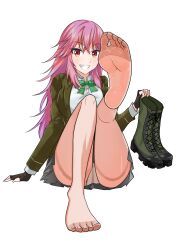 Rule 34 | 1girl, absurdres, boots, unworn boots, feet, grin, highres, light blush, little armory, long hair, looking at viewer, panties, panties under pantyhose, pantyhose, pantyshot, pink hair, shoes, unworn shoes, smile, soles, toes, transparent background, underwear, yui honjo