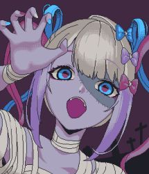 Rule 34 | bandages, blue eyes, blue hair, bow, chouzetsusaikawa tenshi-chan, claw pose, colored skin, costume, cross, eencya, fangs, grey hair, hair bow, halloween, halloween costume, looking at viewer, multicolored hair, multicolored nails, multiple hair bows, mummy costume, nail polish, needy girl overdose, open mouth, pink hair, pixel art, purple skin, quad tails, stitches, tombstone, upper body
