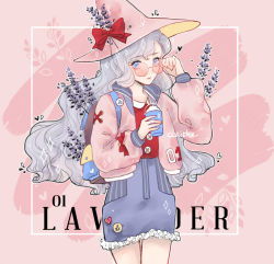 Rule 34 | 1girl, bare legs, blouse, blue eyes, blue skirt, bow, buttons, cerithe, closed mouth, collar, commentary, cowboy shot, cup, english commentary, flower, frilled skirt, frills, glasses, hat, hat bow, hat flower, hat ribbon, holding, holding cup, jacket, lavender (flower), light purple hair, long hair, long sleeves, original, parted bangs, pink background, pink jacket, pink theme, ribbon, shirt, skirt, witch, witch hat