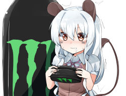 Rule 34 | 1girl, animal ears, blush, brown eyes, dress, drooling, energy drink, facial mark, female focus, mini person, minigirl, monster energy, mouse ears, mouse girl, mouse tail, original, simple background, solo, tail, tetora 960, trembling, white background, white hair