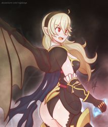 Rule 34 | 1girl, armor, ass, black armor, blonde hair, cape, corrin (female) (fire emblem), corrin (female) (nohr noble) (fire emblem), corrin (fire emblem), dragon girl, dragon wings, fang, fire emblem, highres, leotard, long hair, nintendo, official alternate costume, open mouth, panties, raydango, red eyes, smile, solo, thong leotard, torn cape, torn clothes, underwear, wings