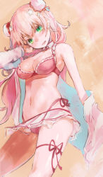 Rule 34 | 1girl, bikini, bikini skirt, blonde hair, blush, breasts, bun cover, cleavage, commentary, cowboy shot, double bun, fang, flower, gradient hair, green eyes, hair between eyes, hair flower, hair ornament, hand in own hair, head tilt, highres, hololive, jacket, long hair, looking at viewer, medium breasts, midriff, momosuzu nene, multicolored hair, navel, off shoulder, open clothes, open jacket, open mouth, orange background, pink bikini, pink hair, simple background, solo, swimsuit, two-tone hair, virtual youtuber, white jacket, yohane