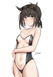 Rule 34 | 1girl, arm around waist, arm at side, bare arms, bare shoulders, black hairband, blush, breasts, brown eyes, brown hair, cleavage, closed mouth, collarbone, covered navel, cowboy shot, driftkingtw, embarrassed, frown, hair flaps, hairband, hatsuzuki (kancolle), kantai collection, leotard, looking at viewer, medium breasts, navel, see-through, see-through leotard, short hair, short ponytail, signature, simple background, solo, strapless, strapless leotard, sweat, white background