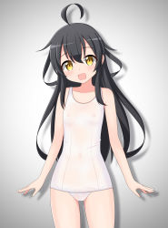 Rule 34 | 1girl, ahoge, black background, black hair, blue one-piece swimsuit, commentary request, contrapposto, covered erect nipples, cowboy shot, derivative work, flat chest, highres, kantai collection, long hair, looking at viewer, mikazuki (kancolle), one-piece swimsuit, open mouth, saratoga (scharn), school swimsuit, see-through, smile, solo, standing, swimsuit, two-tone background, white background, white one-piece swimsuit, white school swimsuit, yellow eyes