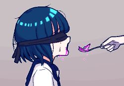 Rule 34 | 1girl, aqua hair, black blindfold, blindfold, blood, blood from mouth, blue sailor collar, blunt bangs, bob cut, chibikki, feeding, from side, glass, glass shards, grey background, highres, holding, holding spoon, open mouth, original, out of frame, outline, pink blood, pixel art, profile, sailor collar, school uniform, serafuku, short hair, simple background, solo focus, spoon, upper body