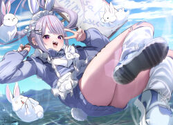 Rule 34 | 1girl, :d, absurdres, animal ears, arurire, ass, bandaid, bandaid on knee, bandaid on leg, boots, cloud, falling, grey hair, grey jacket, highres, jacket, jersey maid, lens flare, long hair, long sleeves, looking at viewer, maid, maid headdress, multicolored hair, no panties, open mouth, outdoors, pink hair, purple eyes, purple hair, rabbit, rabbit ears, shoe soles, short eyebrows, sign, sky, smile, streaked hair, swept bangs, thighs, tosaki mimi, turtleneck, turtleneck jacket, twintails, unconventional maid, v, virtual youtuber, vspo!, white footwear