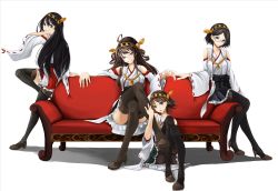Rule 34 | 10s, 4girls, ahoge, bare shoulders, black hair, black legwear, blue eyes, boots, brown hair, chair, convenient leg, couch, detached sleeves, glasses, hair ornament, tucking hair, hairband, haruna (kancolle), headgear, hiei (kancolle), highres, japanese clothes, kantai collection, kirishima (kancolle), kongou (kancolle), crossed legs, long hair, looking at viewer, multiple girls, nontraditional miko, open mouth, pantyhose, personification, red upholstery, ribbon-trimmed sleeves, ribbon trim, semi-rimless eyewear, shirou umiuta, short hair, sitting, smile, thigh boots, thighhighs, under-rim eyewear, white background, wide sleeves, zettai ryouiki