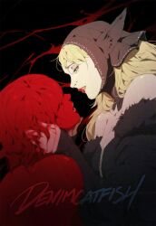 Rule 34 | 2girls, artist name, bare shoulders, black background, black dress, blonde hair, blood, blood in hair, blood on face, blood on hands, breasts, cleavage, commentary, denimcatfish, dress, dungeon meshi, ear covers, elf, falin touden, falin touden (tallman), green eyes, hand on another&#039;s head, long hair, long sleeves, marcille donato, medium breasts, multiple girls, off-shoulder dress, off shoulder, pointy ears, red lips, upper body, yuri