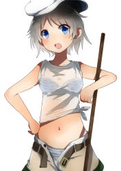 Rule 34 | 1girl, bad id, bad pixiv id, belt, bikini, blue eyes, female focus, grey hair, hand on own hip, hat, hip focus, jewelry, murasa minamitsu, navel, necklace, open mouth, pun2, sailor hat, see-through, short hair, simple background, solo, striped, swimsuit, touhou, white background