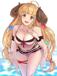 Rule 34 | 1girl, ahoge, anila (granblue fantasy), anila (summer) (granblue fantasy), bikini, blonde hair, blunt bangs, breasts, cleavage, commentary request, curled horns, detached sleeves, draph, granblue fantasy, herr meer, highres, horns, large breasts, long hair, looking at viewer, navel, open mouth, sheep horns, smile, solo, swimsuit, thick eyebrows, thighs, white bikini, wide sleeves, yellow eyes
