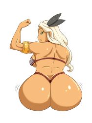 Rule 34 | 1girl, amazon (dragon&#039;s crown), armband, ass, back, bare shoulders, bikini, blonde hair, breasts, butt crack, curvy, dark-skinned female, dark skin, dragon&#039;s crown, feathers, female focus, from behind, green eyes, highres, hip focus, huge ass, kikoshou, large breasts, long hair, looking at viewer, looking back, muscular, muscular female, plump, shiny skin, sideboob, simple background, sitting, smile, solo, swimsuit, tagme, wide hips