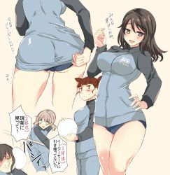 Rule 34 | 3girls, :&lt;, :d, = =, abenattou, adjusting clothes, aki (girls und panzer), aqua eyes, ass, ball, black sleeves, blue buruma, blue jacket, blush, breasts, brown eyes, brown hair, buruma, clothes writing, girls und panzer, hand on own hip, hand up, head tilt, highres, holding, holding ball, impossible clothes, impossible jacket, jacket, jitome, keizoku military uniform, leaning forward, long hair, long sleeves, looking at viewer, medium breasts, mika (girls und panzer), mikko (girls und panzer), multiple girls, open mouth, pink background, raglan sleeves, short twintails, silver hair, simple background, smile, sweat, track jacket, translation request, twintails, v-shaped eyebrows, volleyball, volleyball (object)