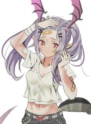 Rule 34 | 1girl, arknights, arm up, bad id, bad pixiv id, bandaid, bandaid on face, bandaid on forehead, breasts, cleavage, commentary request, crop top, forehead, hair ornament, hairclip, hand up, head wings, highres, long hair, manticore (arknights), midriff, navel, pointy ears, purple hair, red eyes, ryoma (rym 369), scorpion tail, shirt, short sleeves, simple background, small breasts, solo, stomach, tail, twintails, upper body, white background, white shirt, wings