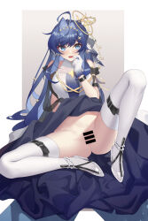 Rule 34 | 1girl, :d, ahoge, arknights, astesia (arknights), astesia (frlibe on the palace) (arknights), bar censor, bare shoulders, black dress, blue eyes, blue hair, blush, bracelet, brown background, censored, cleft of venus, clothes lift, detached sleeves, dress, dress lift, full body, gloves, gradient background, hair intakes, hair ornament, high heels, highres, jewelry, knee up, long hair, looking at viewer, multicolored clothes, multicolored dress, no panties, official alternate costume, open mouth, pussy, qianshibu, scratching cheek, short sleeves, sitting, smile, solo, spread legs, thigh strap, thighhighs, very long hair, white dress, white footwear, white gloves, white thighhighs