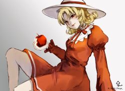 Rule 34 | 1girl, apple, arm support, blonde hair, blush, breasts, closed mouth, collared dress, commentary request, curly hair, dress, elly (touhou), food, fruit, grey background, happy, hat, hat ribbon, highres, holding, holding food, holding fruit, hoshiringo0902, juliet sleeves, lips, long sleeves, neck ribbon, orange dress, puffy sleeves, red eyes, red ribbon, ribbon, simple background, sitting, small breasts, smile, solo, sun hat, touhou, touhou (pc-98), white hat, wide sleeves